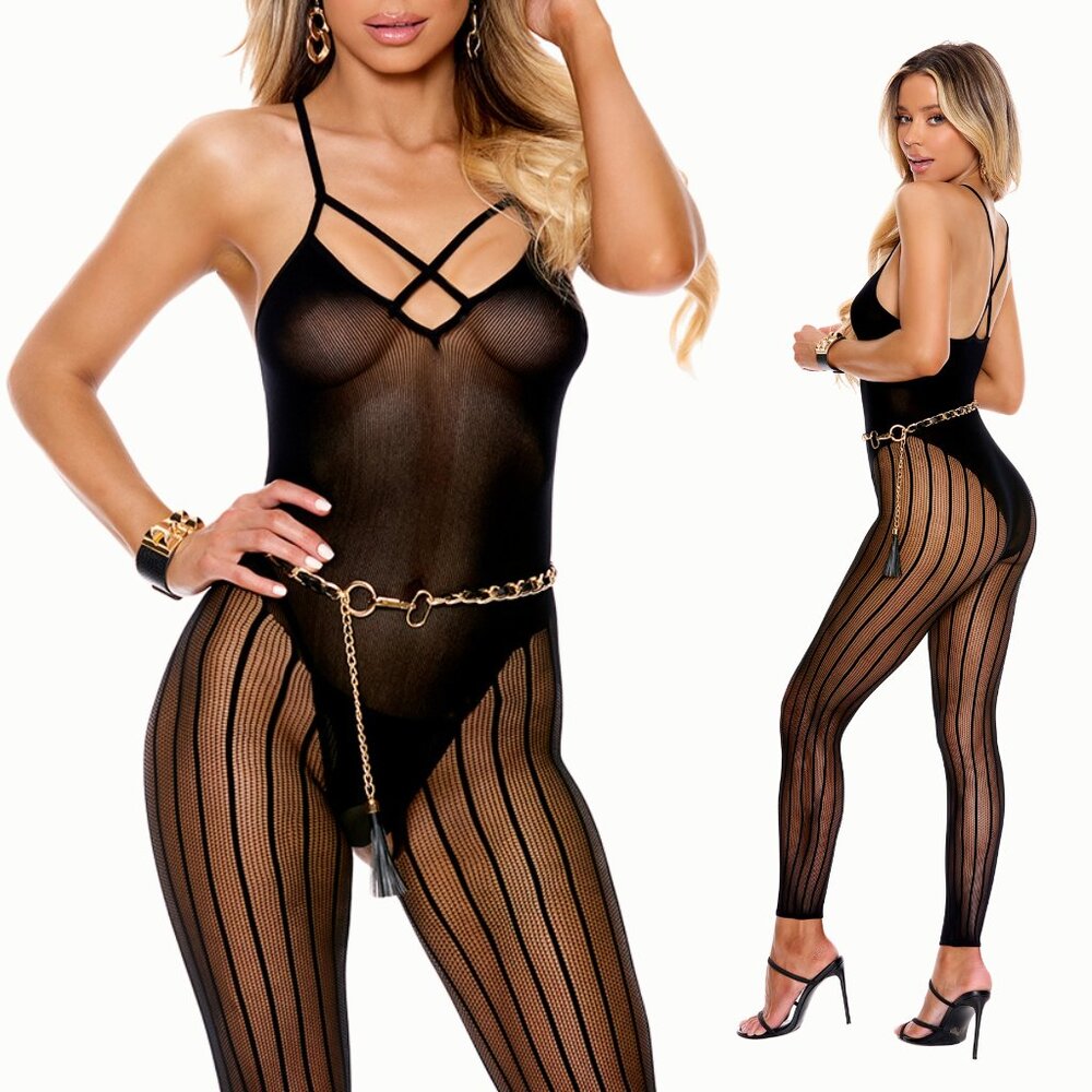 Black Opaque Vertical Stripe Bodystocking Criss Cross Open Crotch